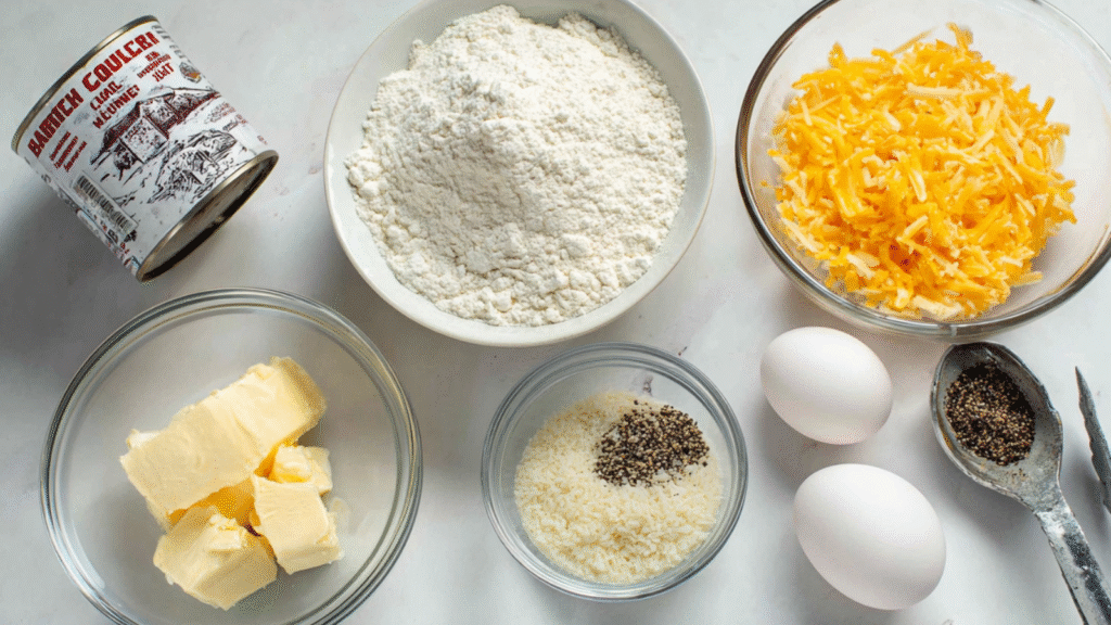 Flat lay of low carb bagel ingredients including shredded cheese, almond flour, cream cheese, eggs, and spices on a white surface