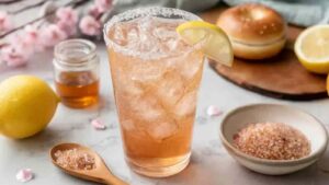 Glass of iced Japanese pink salt drink garnished with lemon slice, surrounded by Himalayan salt, honey jar, and fresh lemons