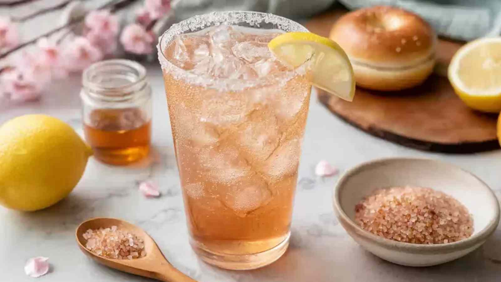 Glass of iced Japanese pink salt drink garnished with lemon slice, surrounded by Himalayan salt, honey jar, and fresh lemons
