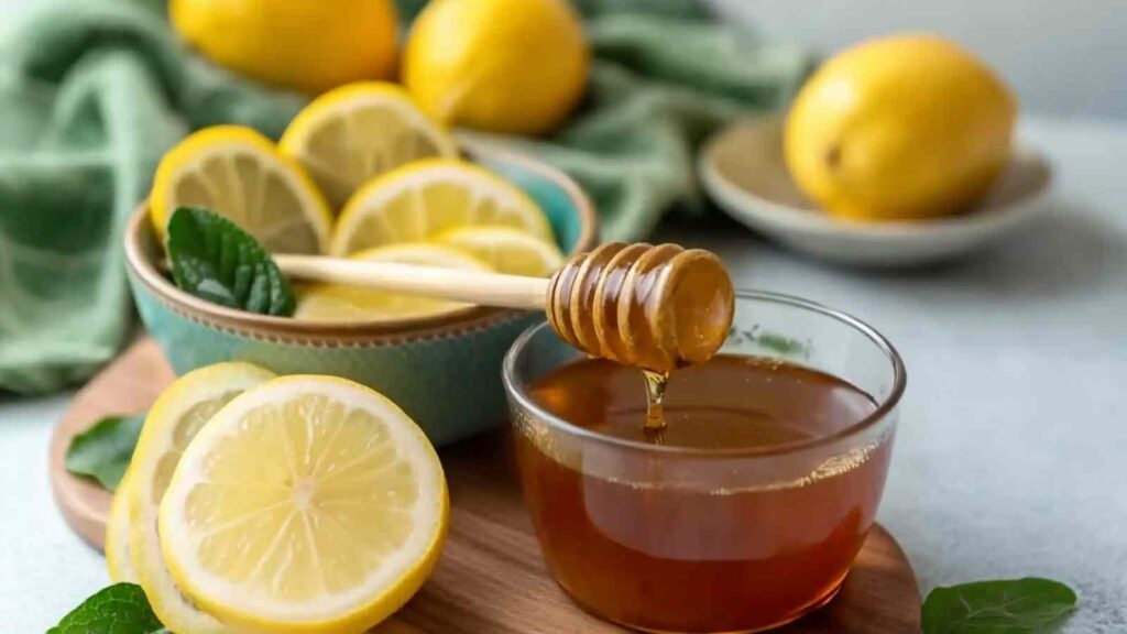 Fresh lemon slices and raw honey in bowls with mint leaves on a wooden board for Japanese Pink Salt Recipe
