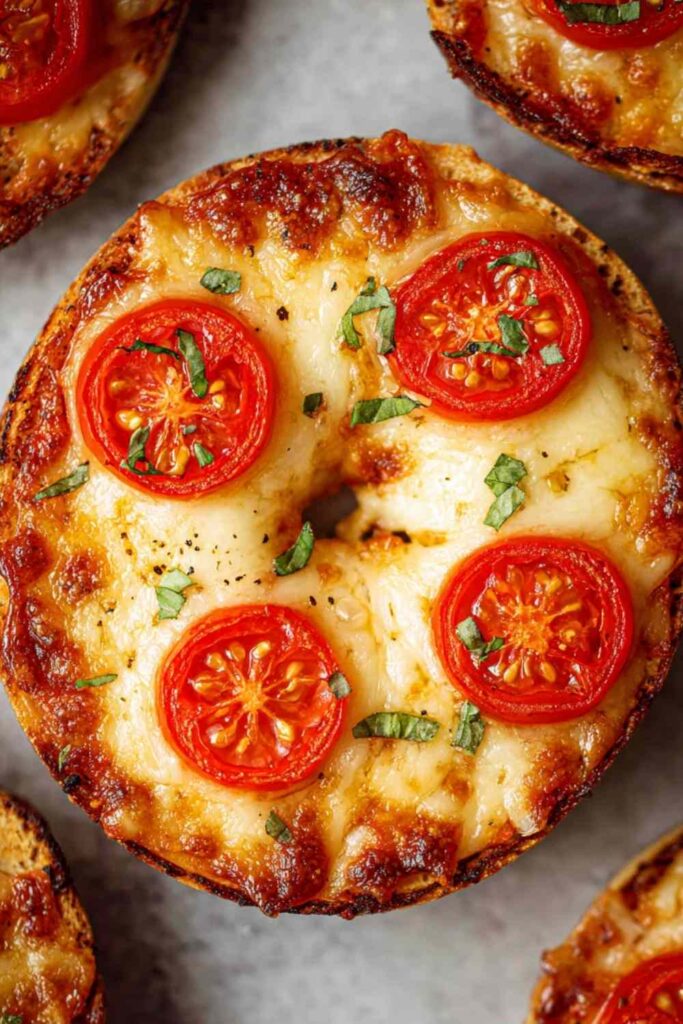 Close-up of a Margherita-style pizza bagel with melted cheese, sliced cherry tomatoes, and chopped fresh basil