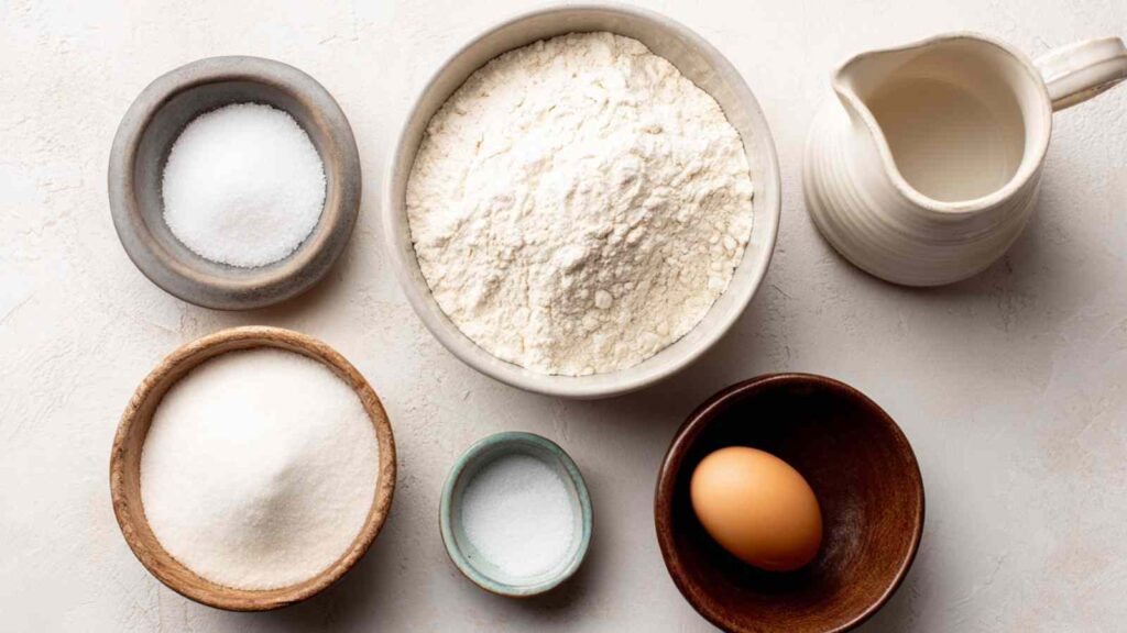 
Bowls of flour, sugar, salt, and a whole egg with a small pitcher of water arranged on a white background.