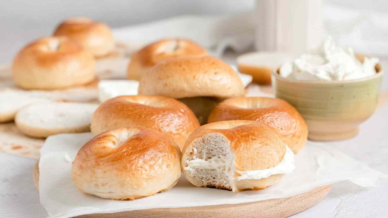 Golden brown mini bagels, some halved and filled with cream cheese, arranged on a round wooden board with a bowl of cream cheese in the background.