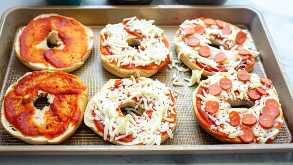 Sliced plain bagels on a baking sheet with bowls of pizza sauce, shredded mozzarella, and pepperoni in the background.