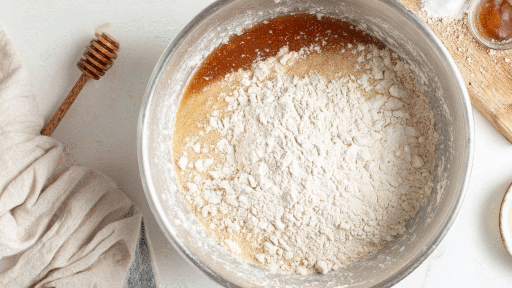 Top view of bagel dough mixture with flour on top and syrupy liquid beneath in a silver mixing bowl