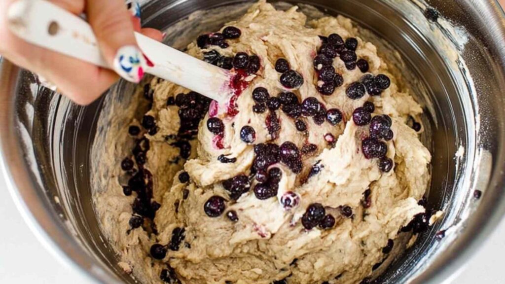 Blueberries being folded into thick oat batter in a stainless bowl with a spatula