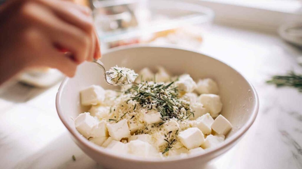 A bowl filled with cubed mozzarella cheese, shredded Parmesan, and chopped fresh rosemary, with a hand spooning herbs into the mixture