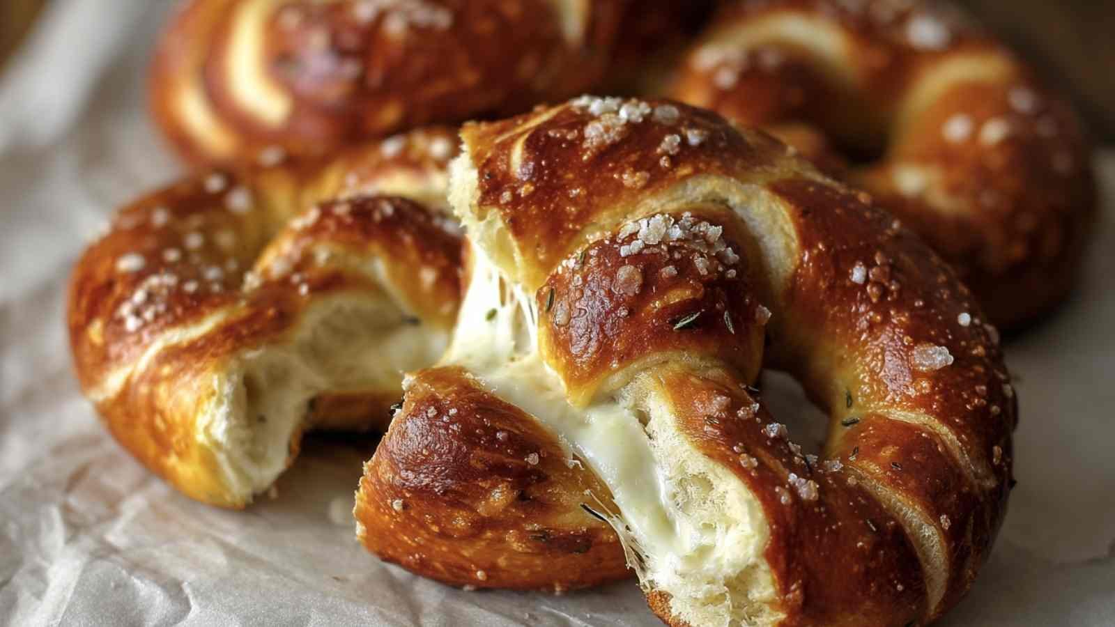 Soft pretzel torn open to reveal a gooey mozzarella cheese pull, with coarse salt and herbs on the crust
