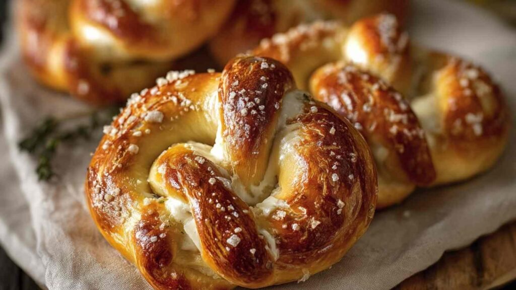 Plate of golden brown mozzarella stuffed soft pretzels sprinkled with salt, served on a linen napkin