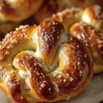 Plate of golden brown mozzarella stuffed soft pretzels sprinkled with salt, served on a linen napkin
