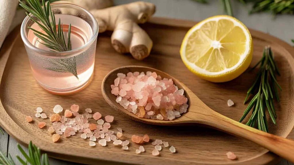 Glass of Japanese Pink Salt Drink with rosemary, ginger, pink salt, and lemon on wooden tray
