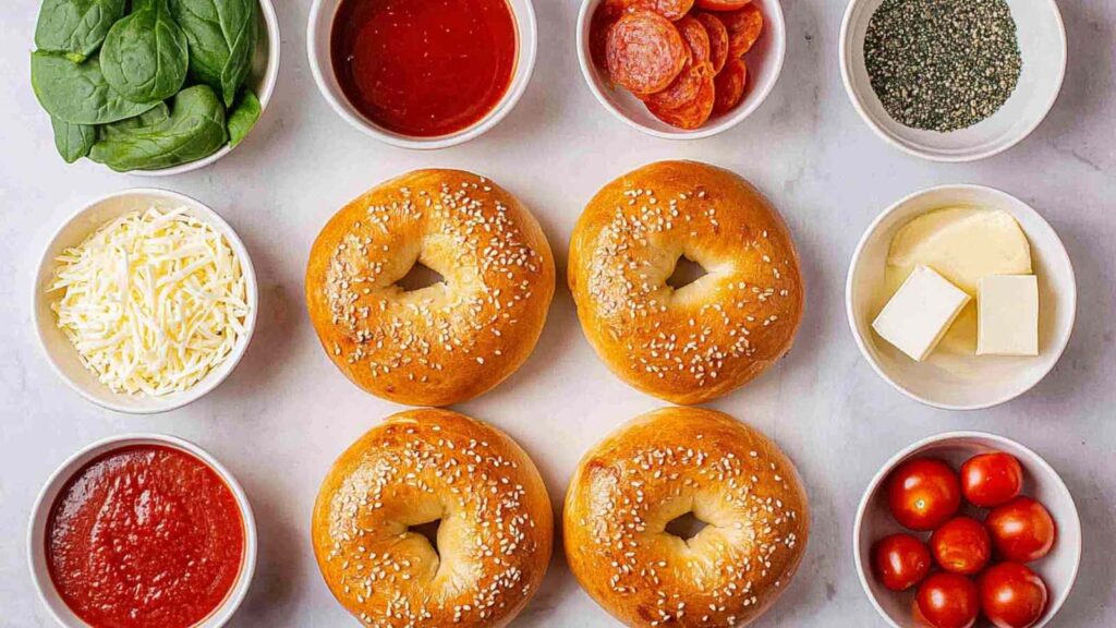 Top-down view of bagels, mozzarella cheese, tomato sauce, pepperoni, and fresh toppings laid out before assembling pizza bagels.