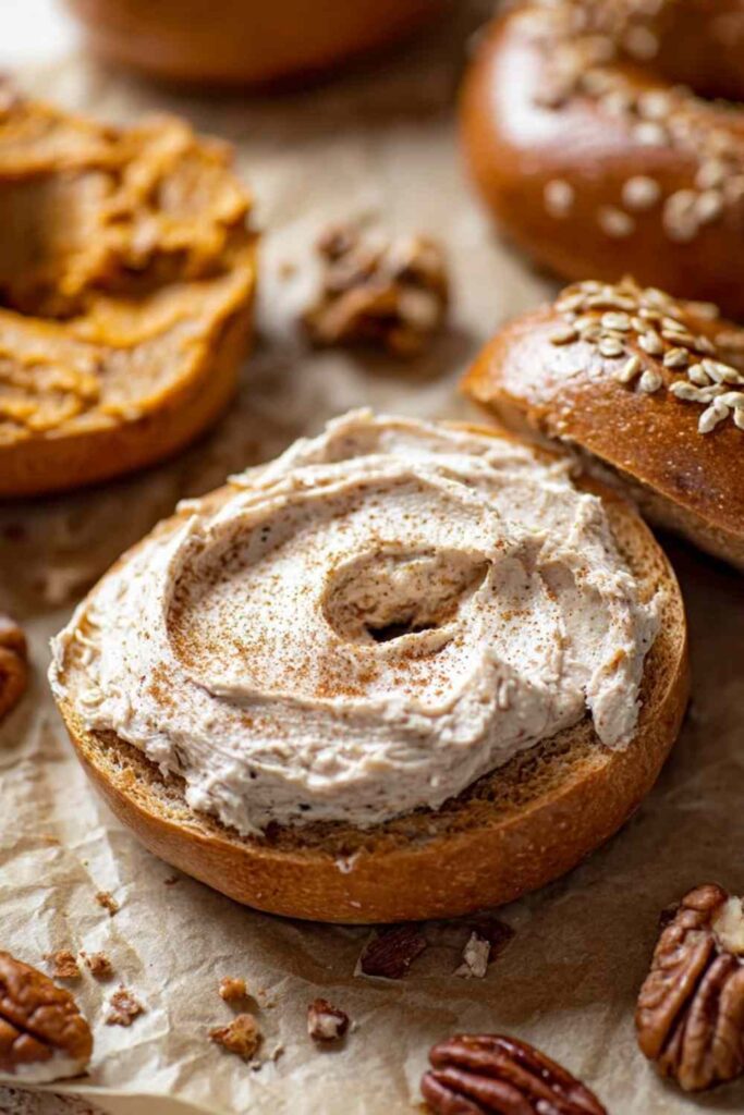 Pumpkin bagel spread with thick pecan cinnamon cream cheese, surrounded by pecans and rustic textures.