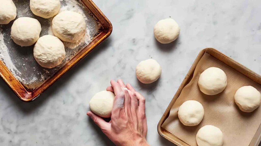 Hands rolling dough balls with trays of floured and lined dough balls nearby
