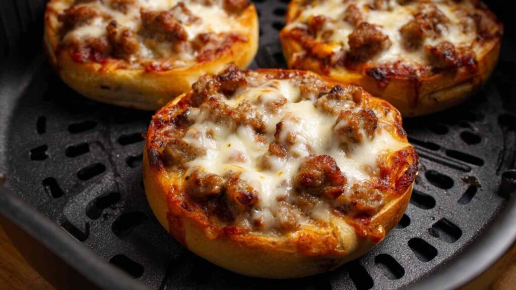 Close-up of sausage-topped bagel bites cooking in an air fryer tray with melted cheese.