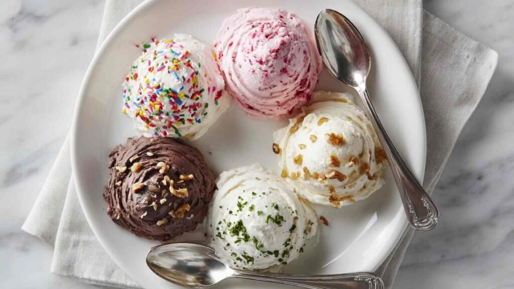Plate with five scoops of cream cheese spread—chocolate with walnuts, strawberry with sprinkles, plain with herbs, honey walnut, and berry swirl.