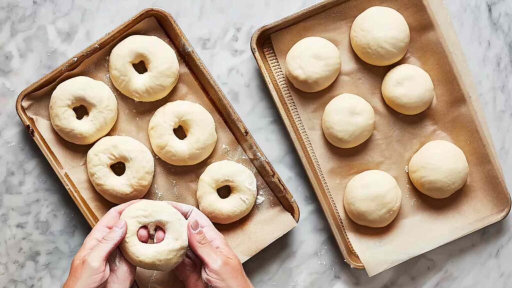Hands shaping a dough ball into a bagel next to trays of shaped and unshaped dough
