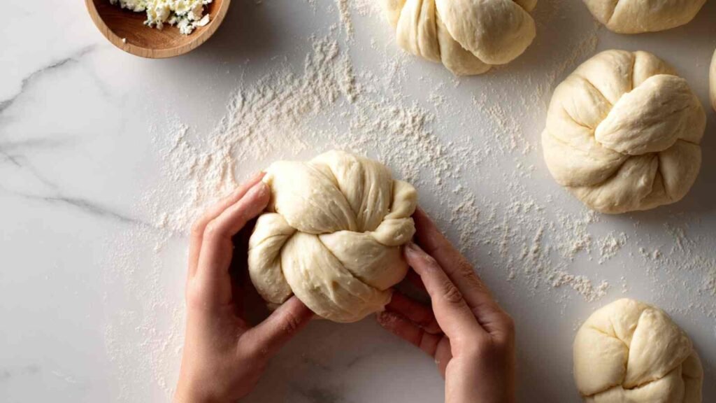 Hands shaping risen pretzel dough on a floured surface, with cheese mixture and dough balls visible around