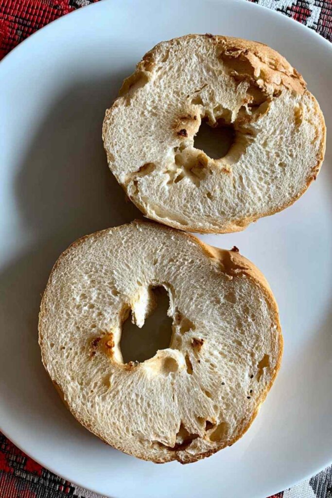 Two plain, sliced bagel halves resting on a white plate, ready for toasting
