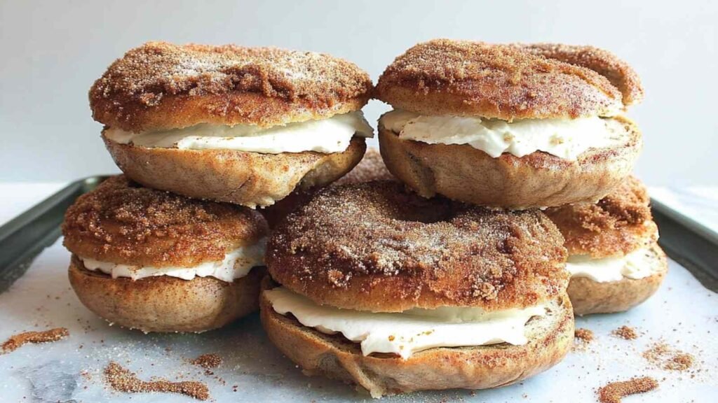 Stack of cinnamon sugar bagels filled with cream cheese on a baking tray, showing their crunchy cinnamon topping.