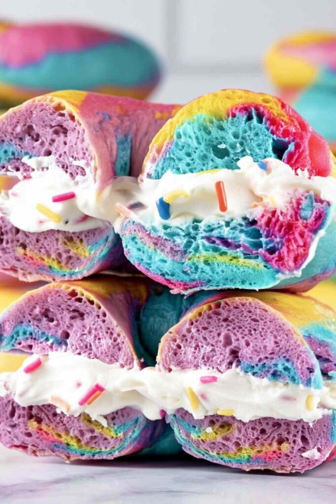 Sliced rainbow bagels stacked and filled with cream cheese and rainbow sprinkles, highlighting vibrant interior swirls.