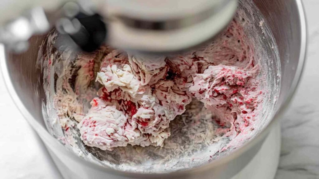 Strawberry bagel dough in a mixer bowl with visible pink berry streaks forming through the flour mixture.