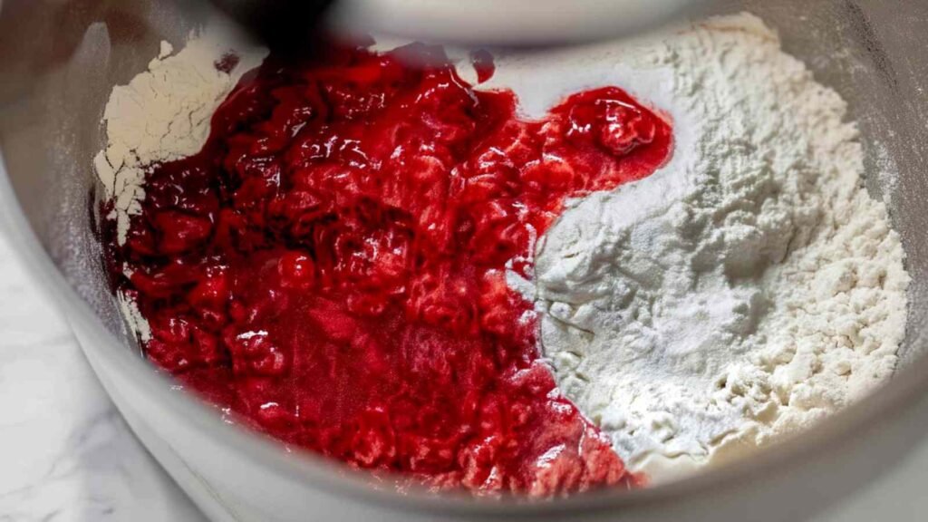 Bowl of flour with a vibrant crushed strawberry mixture poured in, ready to mix into strawberry bagel dough.