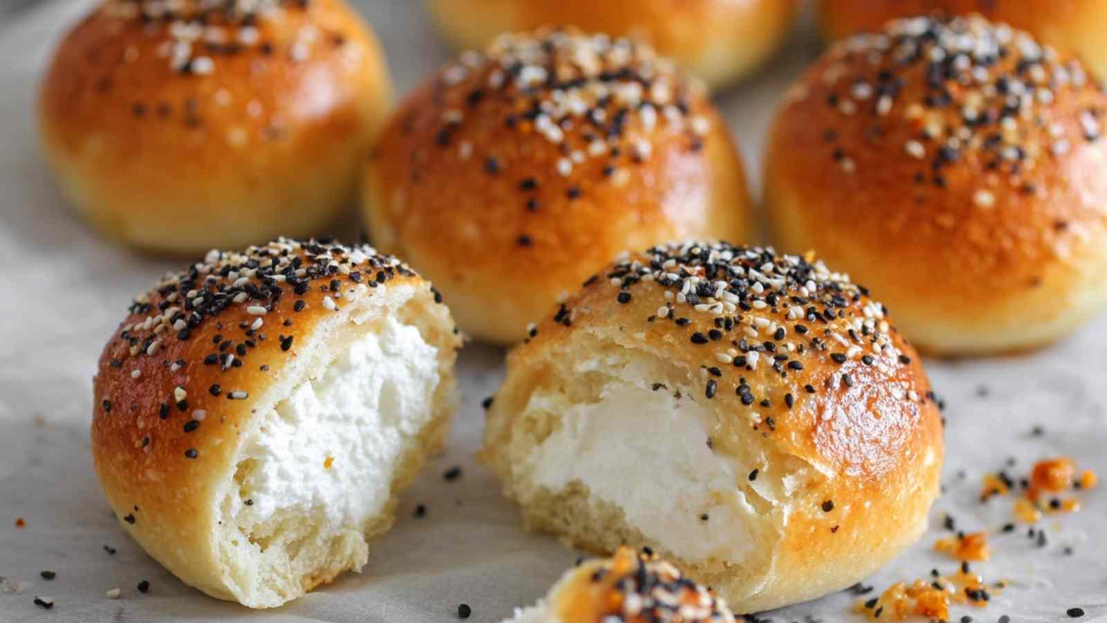 Close-up of stuffed everything bagel bites with cream cheese filling oozing out from the center