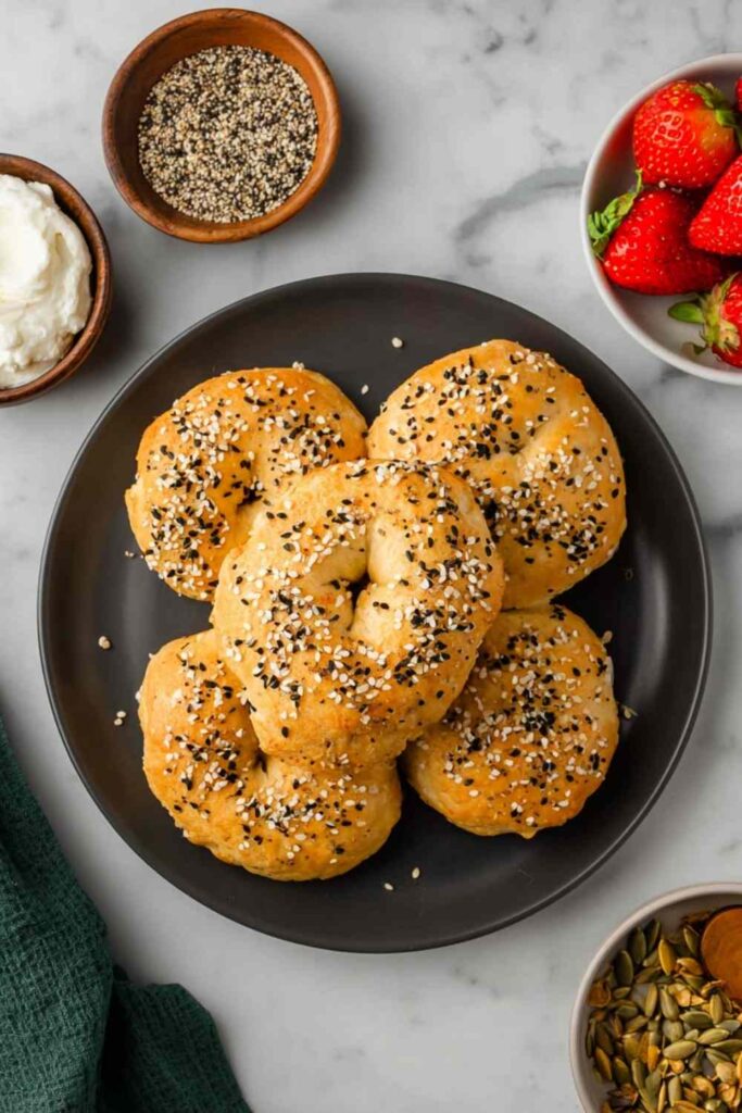 Top-down view of cottage cheese bagels on a dark plate with seasoning, cream, and fresh strawberries on the side.