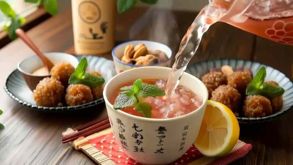 Japanese-style cup being filled with pink salt drink, lemon slice, mint garnish, and traditional side snacks
