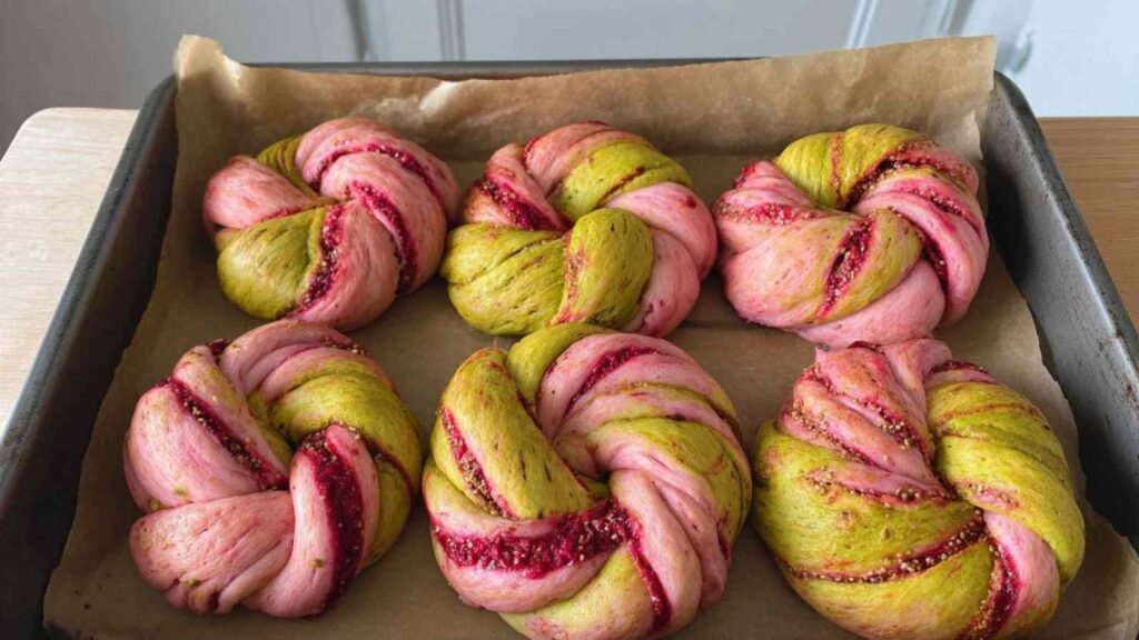 Tray of six unbaked raspberry pistachio sourdough bagels with twisted green and pink dough and raspberry specks