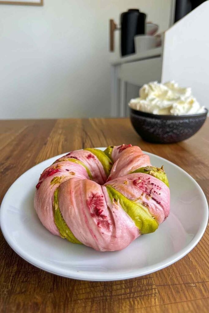 Vertical shot of a raspberry pistachio sourdough bagel on a white plate with whipped cream in background