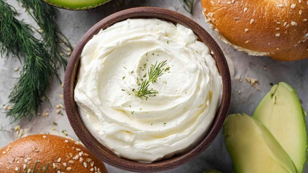 A bowl of whipped cream cheese topped with fresh dill, surrounded by bagels, avocado, and herbs