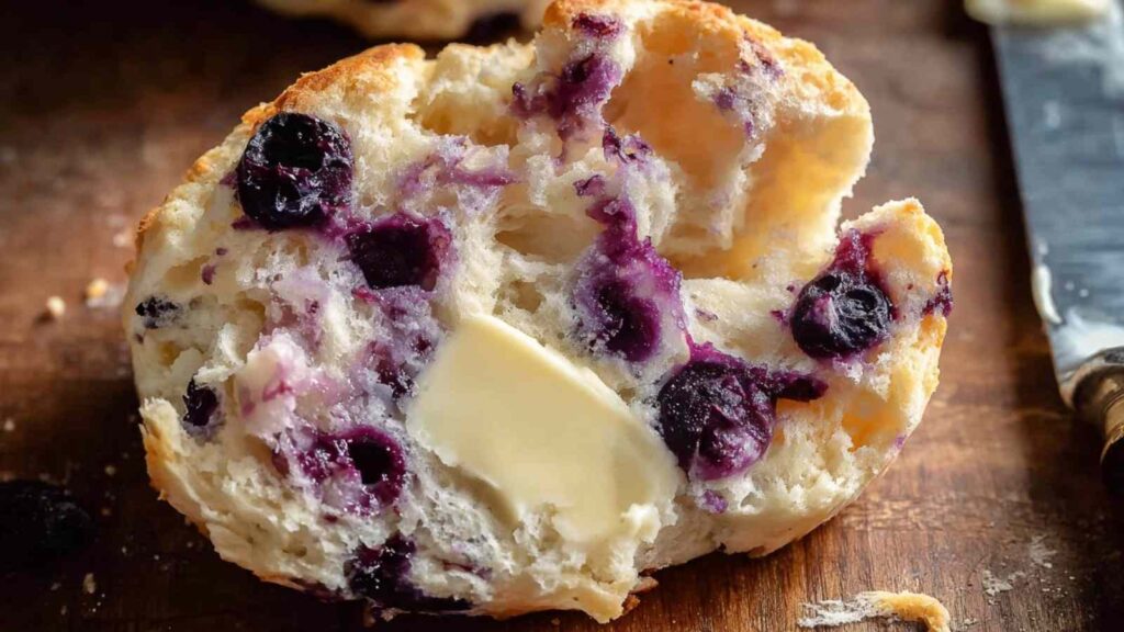 Close-up of warm, fluffy blueberry bagel interior with melting butter on a rustic wooden surface
