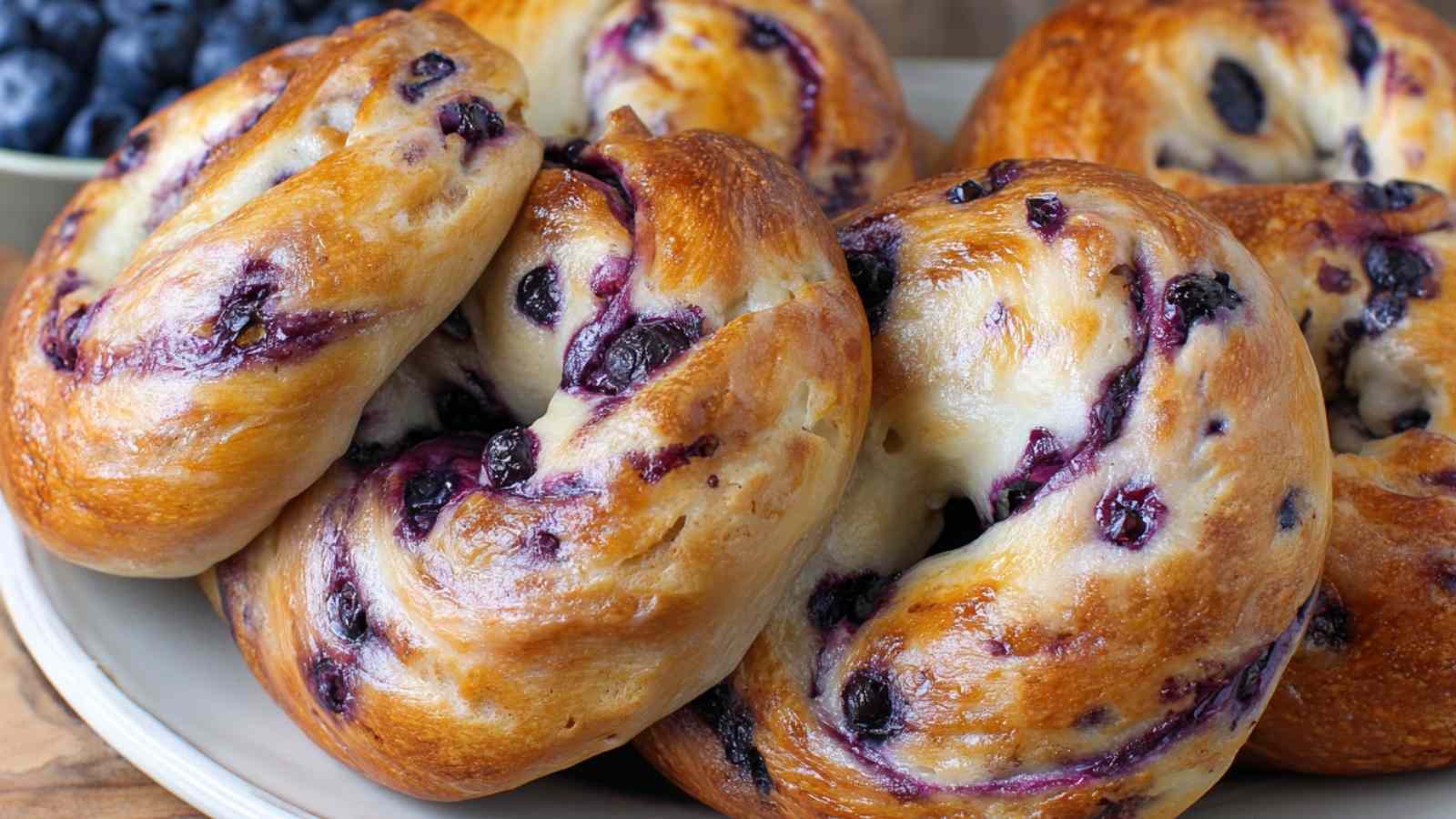 Close-up of baked blueberry bagels with glossy crust and visible blueberry swirls on a white plate.