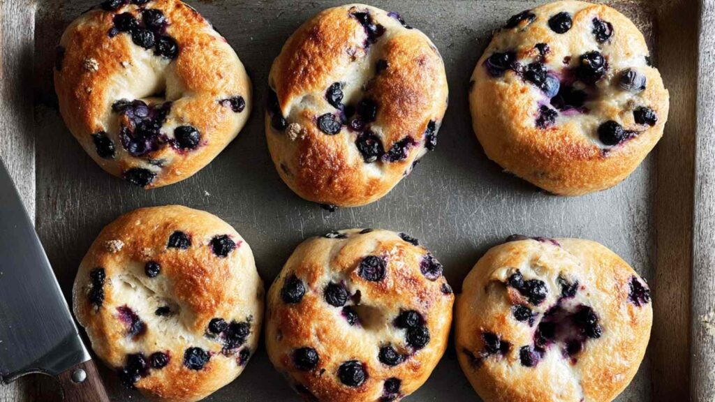 Freshly baked blueberry bagels arranged on a baking tray, golden brown with visible berries.
