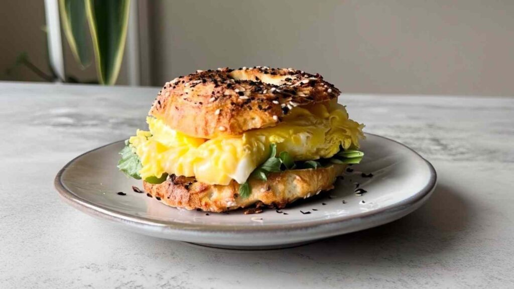 Side view of a breakfast sandwich made with a Greek yogurt bagel, fluffy scrambled eggs, and greens.