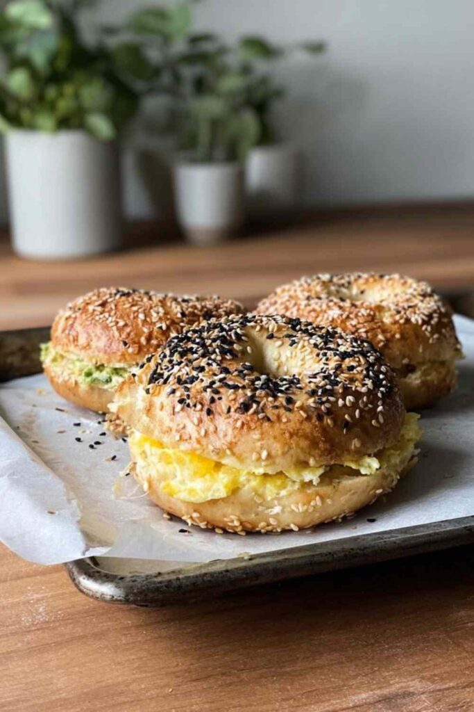 Three Greek yogurt bagel breakfast sandwiches filled with scrambled eggs and avocado on a tray.