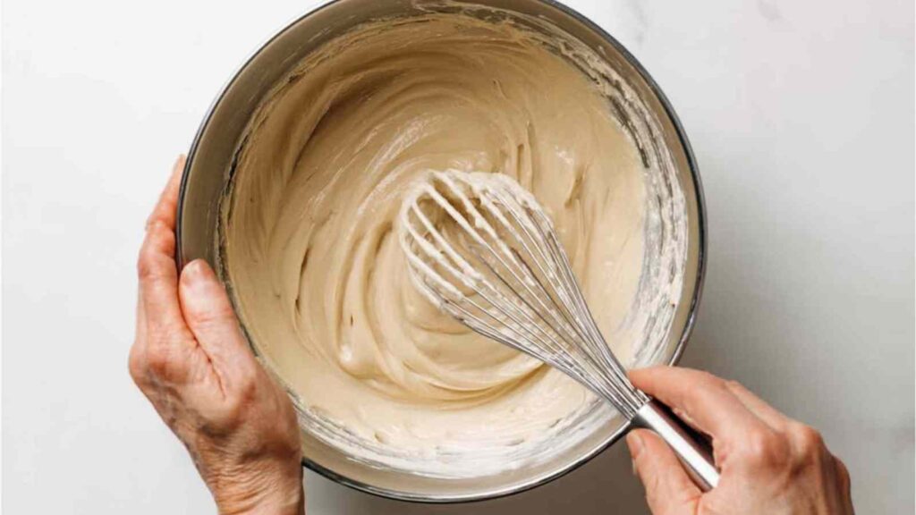 Hands whisking Greek yogurt, maple syrup, and vanilla extract in a stainless steel bowl.