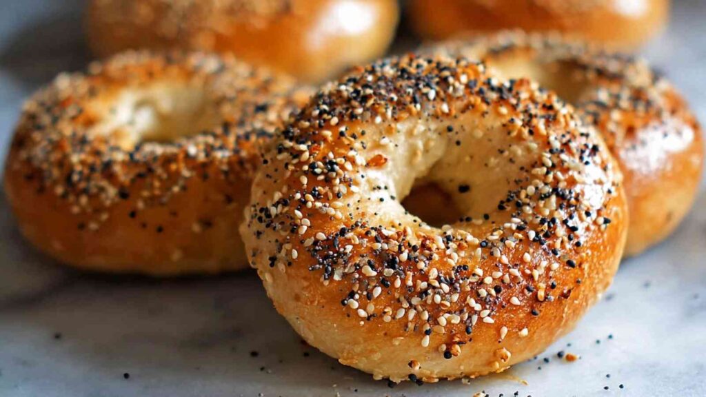 Golden 2-ingredient Greek yogurt bagels topped with sesame and poppy seeds, baked to a soft and chewy texture.