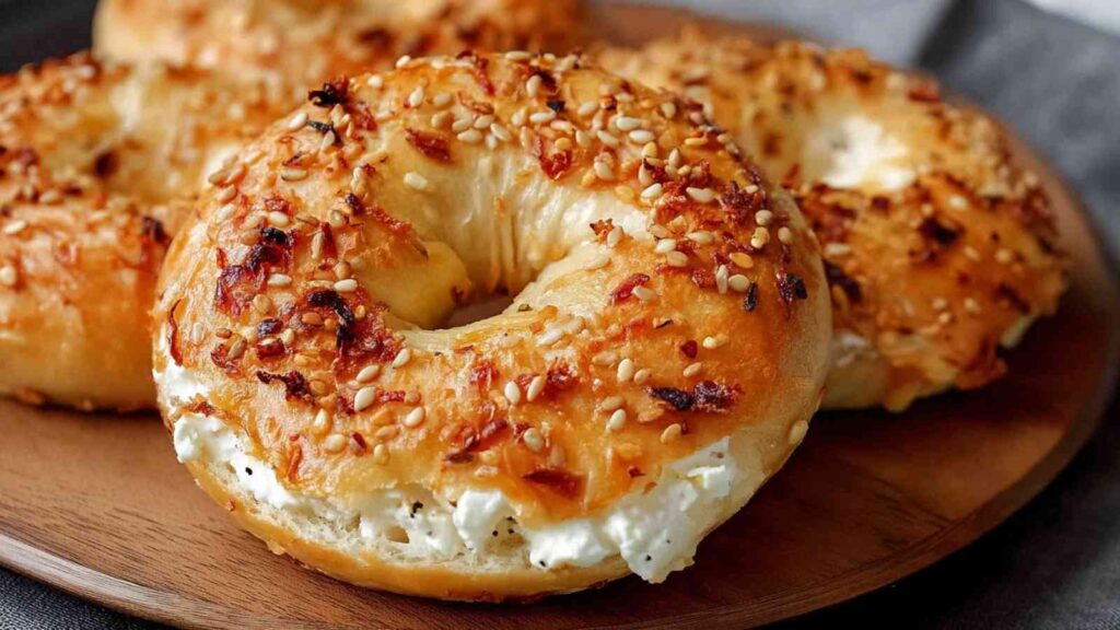 Golden 3-ingredient cottage cheese bagel topped with toasted sesame seeds and onions, filled with creamy cheese spread.

