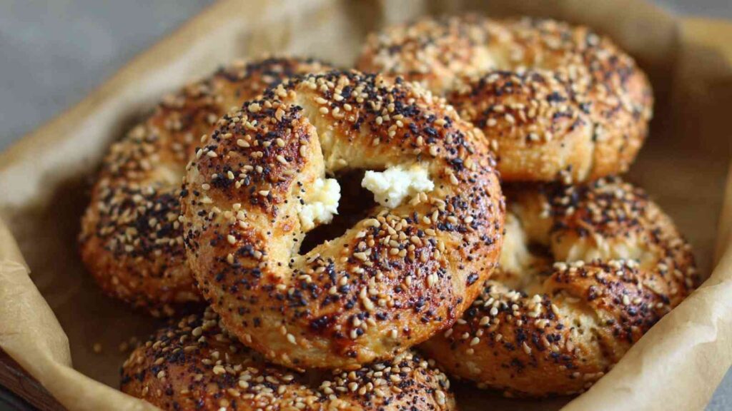 Golden gluten-free cottage cheese bagels topped with sesame and poppy seeds, baked with a chewy crust and tender, high-protein crumb.

