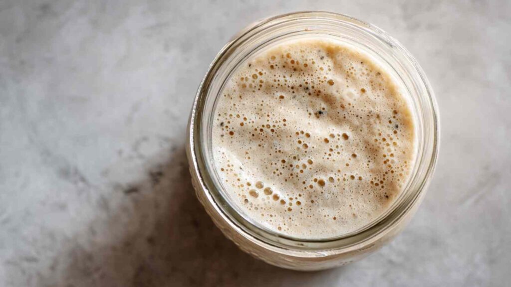 Top view of an active, bubbly sourdough starter in a glass jar sitting on a neutral background