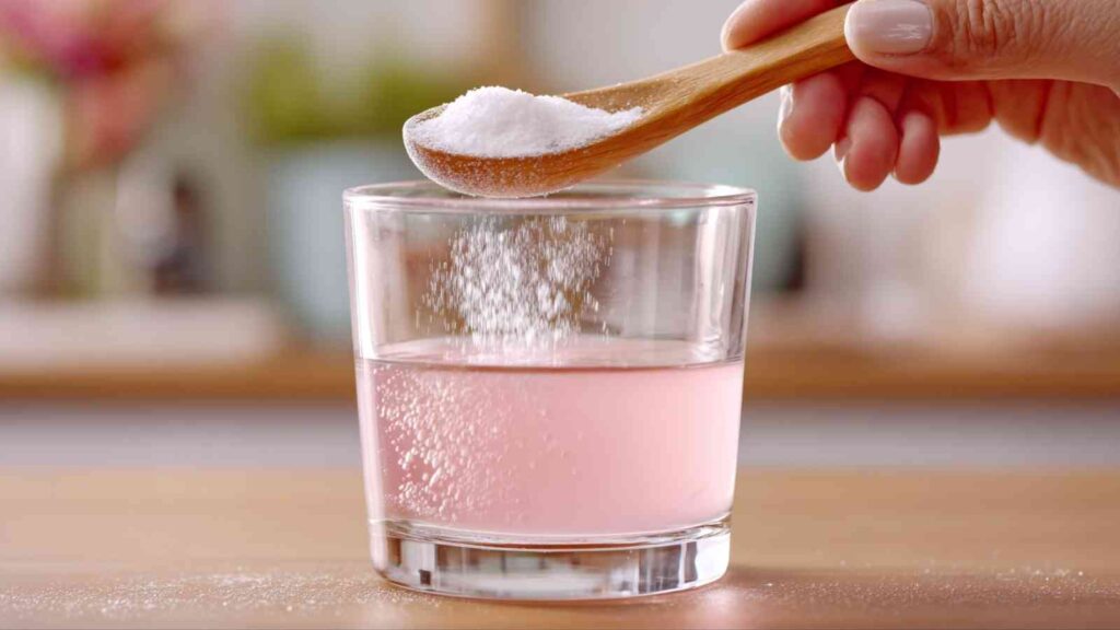 Wooden spoon pouring baking soda into a pink salt drink, showing fizzy reaction in a clear glass