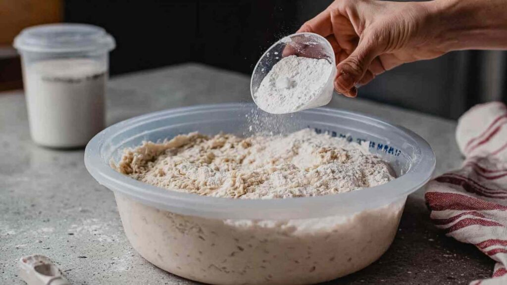 Cinnamon Roll Sourdough – Soft & Gooey Bliss 27 Adding Flour to Sourdough Dough