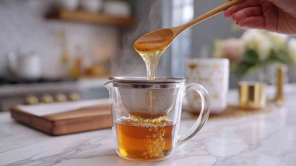 Costa Rican Tea Recipe with Pineapple & Ginger 24 Wooden spoon drizzling honey into a mesh strainer over a glass mug of tea.