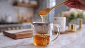 Wooden spoon drizzling honey into a mesh strainer over a glass mug of tea.