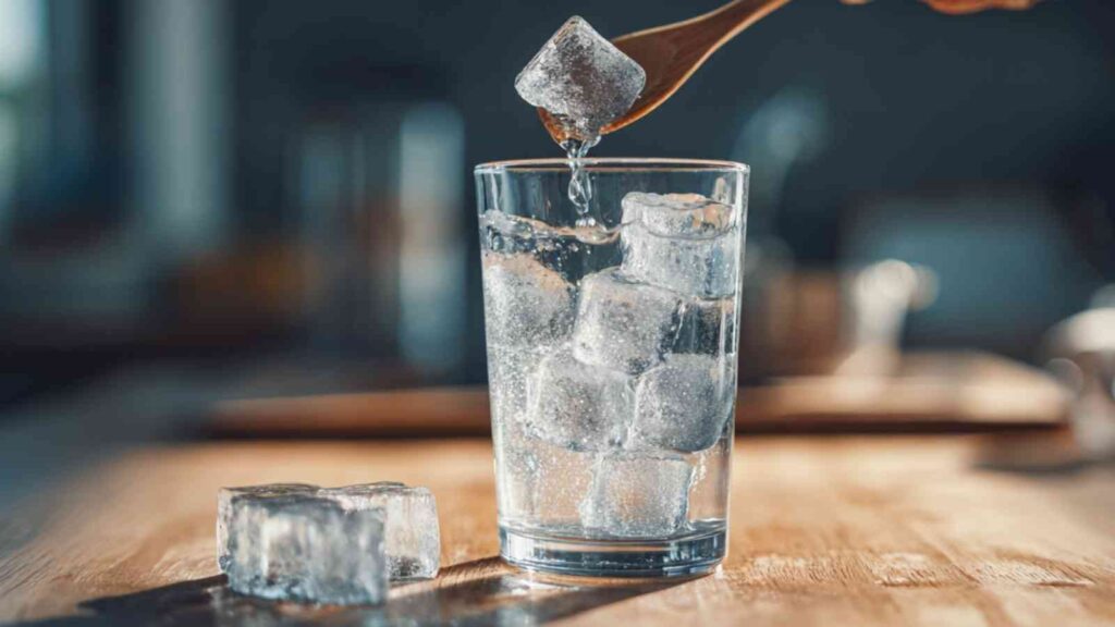 Hand placing ice cubes into a glass with a wooden spoon, preparing a chilled detox beverage