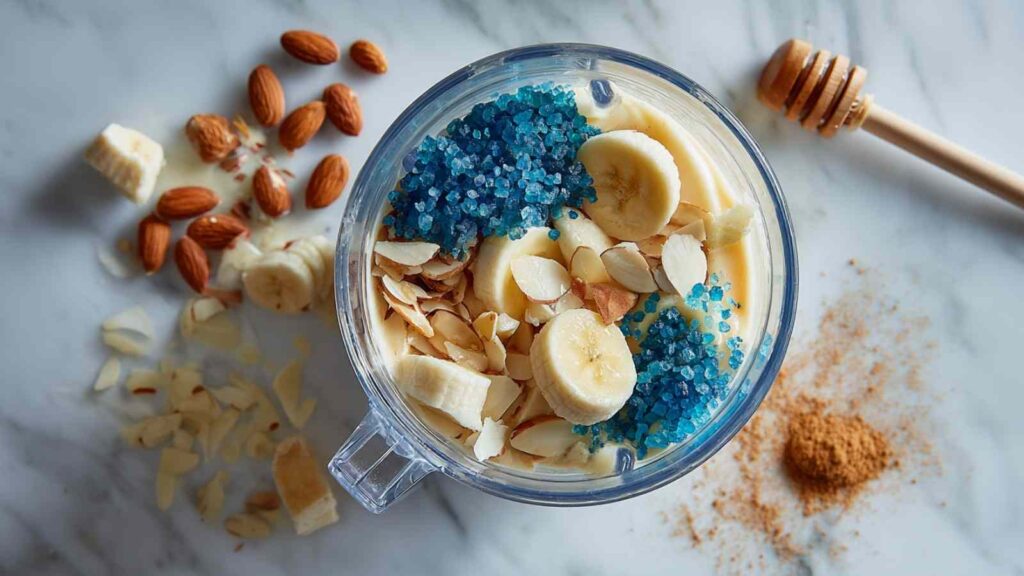 blue salt energy drink 7 A blender cup from an aerial view, filled with ingredients like sliced bananas, blue crystals (Persian blue salt), slivered almonds, and a honey dipper, with cinnamon powder and whole almonds scattered around, all ready for the salt trick for men in bed recipe.