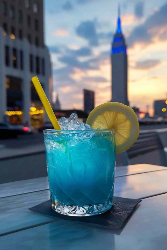 A refreshing blue cocktail with ice, a lemon wheel garnish, and a yellow straw in a textured glass, set against a blurred city skyline at dusk with a prominent blue-lit building, showcasing the final presentation of the "salt trick for men in bed recipe" as a pre-bedtime beverage.